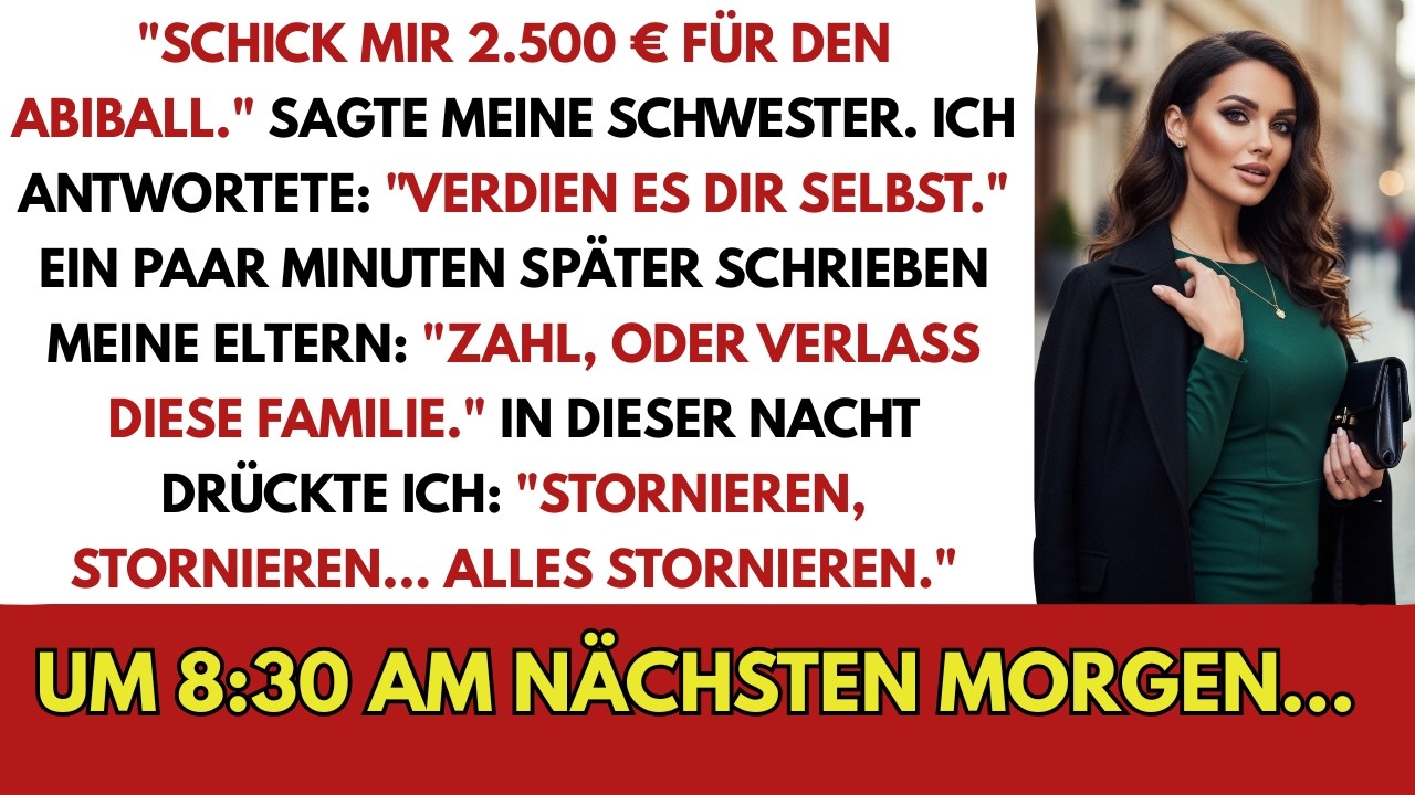 „Bezahl oder du gehörst nicht mehr zur Familie.“ Das schrieb mir meine Mutter, nachdem ich meiner Schwester die 2500 Euro für ihren Abiball verweigert hatte. Jahrzehntelang hatte ich geschuftet,...