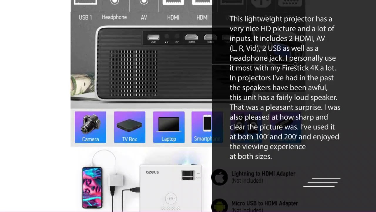 AZEUS RD-822 Video Projector, 5000 Lux Support 1920x1080 with Built-in 5W Sound Speaker