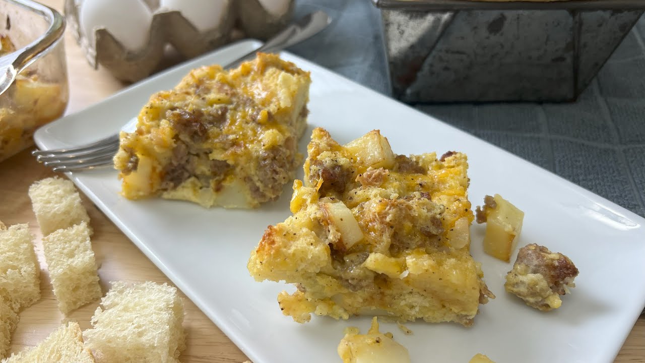 Breakfast Sausage Strata Sausage, eggs and cheese casserole with