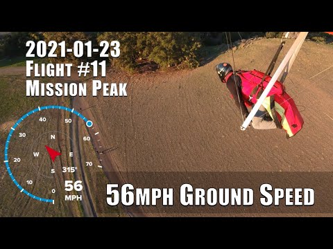 2020-01-23 (Flight #11) Mission Peak Landing 56MPH Max Ground Speed with Lowered Hang Strap
