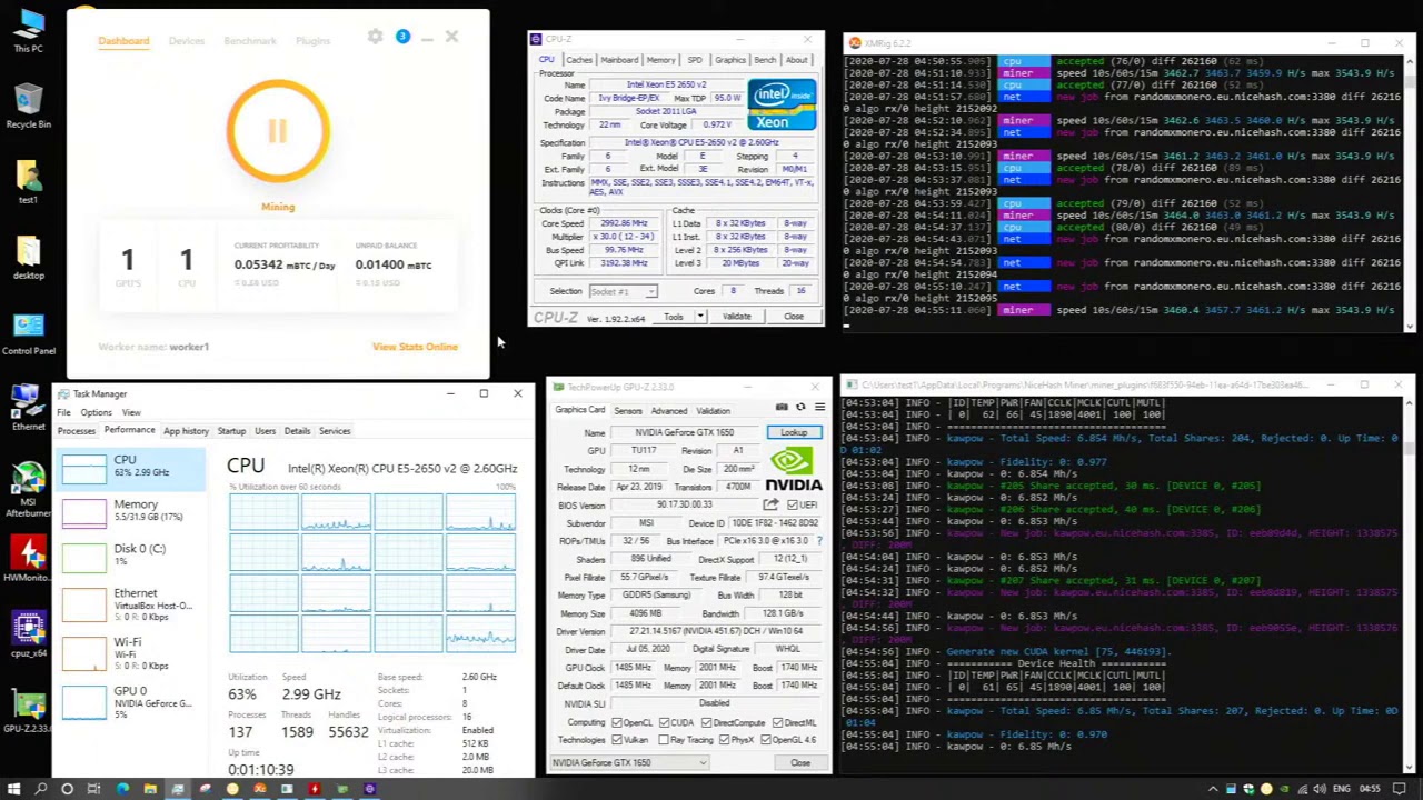 Mining Bitcoin Live with Nicehash CPU Xeon E5 2650 v2 & GPU GTX 1650 Stats  Test #1
