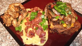 HOW TO MAKE NEW YORK STEAK AND JERK SHRIMP WITH CHEESY AU GRATIN POTATOES