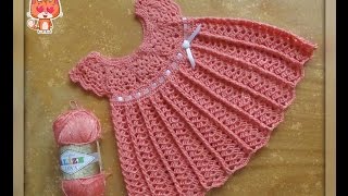 Детское платье крючком с круглой кокеткой. Crochet baby dress(Размер - от 3-х месяцев до года. Вам понадобится примерно 120 гр. пряжи ALIZE DIVA (silk effekt) с толщиной нити 350 м...., 2015-12-24T20:14:36.000Z)