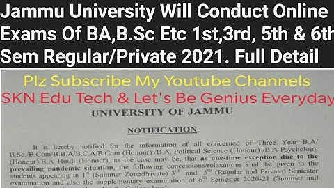 Jammu University Will Conduct Online Exams Of BA,B.Sc Etc 1st,3rd, 5th&6th Sem Regular/Private 2021