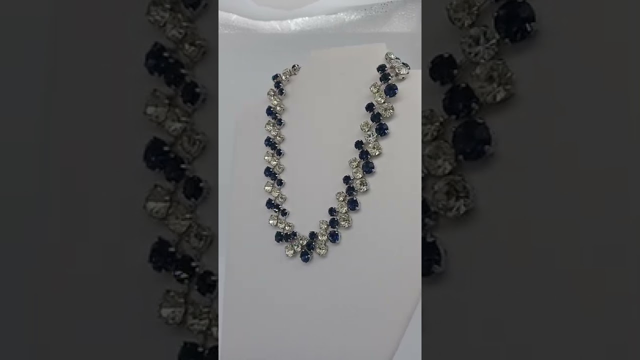 Blue Sapphire and Clear Rhinestone Choker Necklace Prong Set Silver Tone Sparkly