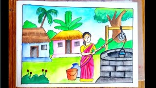 How to draw a woman taking water from well drawing very easy for beginners