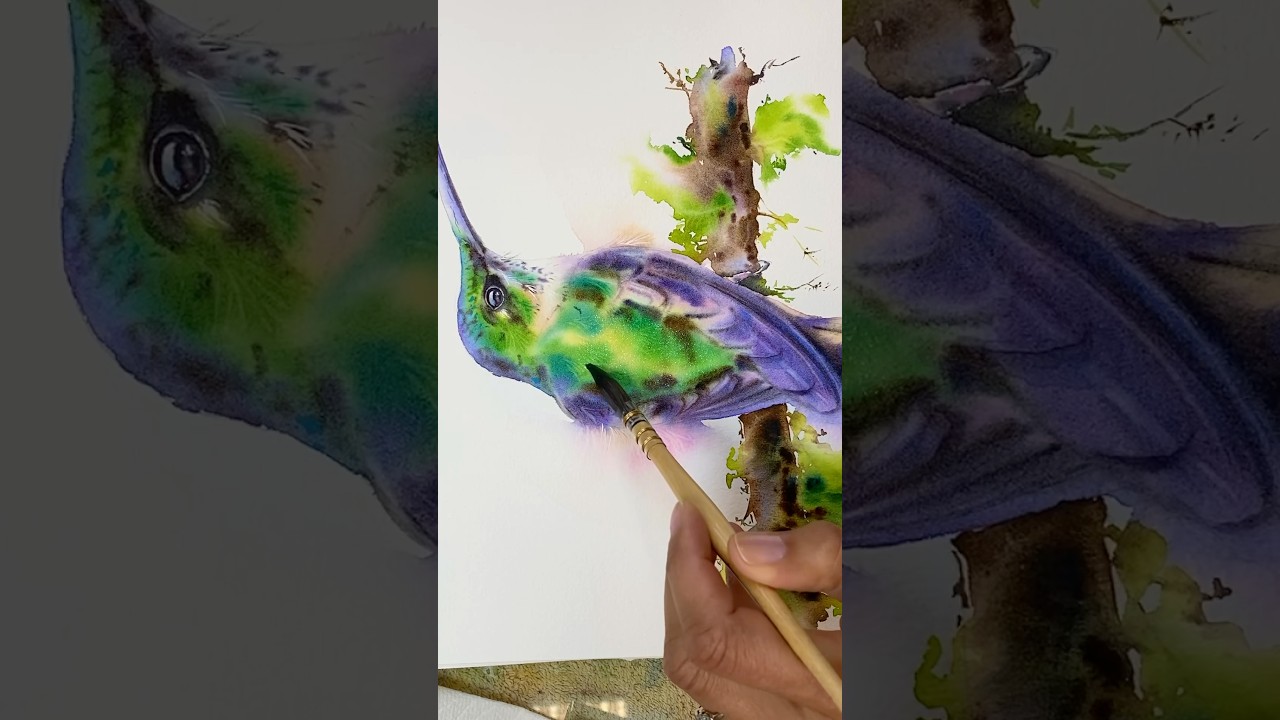 Watercolor Hummingbird: Iridescent Color Blending #holbeinwatercolors #watercolors
