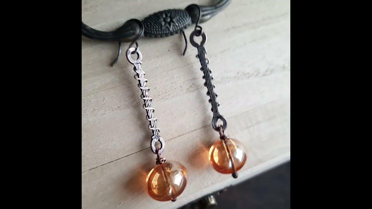 Длинные серьги из меди и стекла. Подарок на медную и стеклянную свадьбу ...