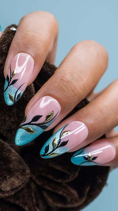 Your Next Nail Inspo: Blue x Gold Leaves 🌿✨#natdenail #simplenails #easynailart