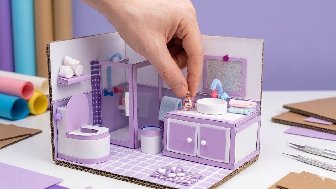 Easy making Cardboard doll-house Bathroom | miniature doll-house - YouTube