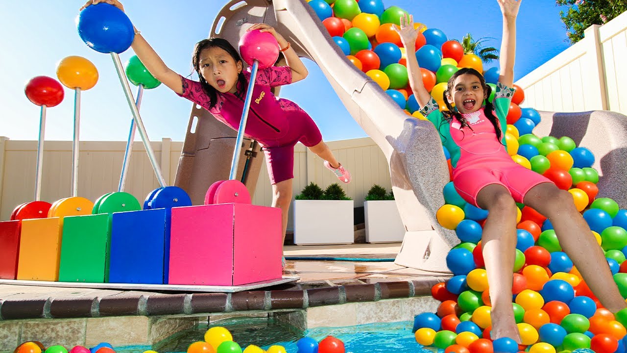Ellie Charlotte & Eva Banned from the Pool?! Kids Fix the Slide with Silly Challenges!