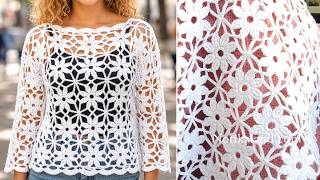 CROCHET EASY Flower  Motif Pattern to make blouse, tunic,top