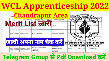 WCL Apprenticeship merit list 2022 | WCL Chandrapur area merit list Western Coalfield Limited merit