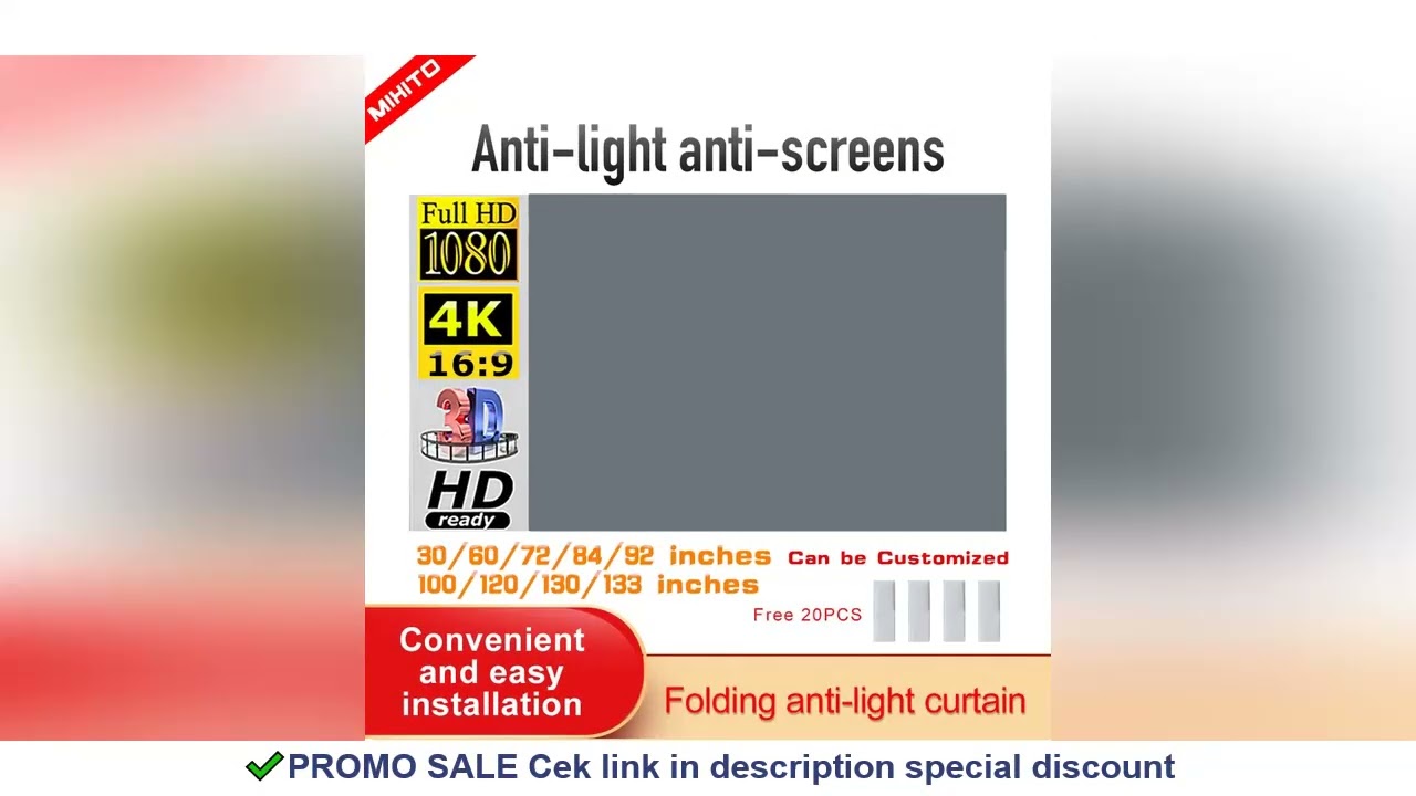 MIXITO Projector Screen Simple 16:9 Anti-Light Curtain 30 72 84 92 100 106 120 130 133 Inches Home O