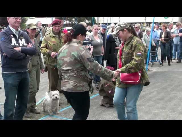 Young girls and children dancing with old soldiers   HD class=