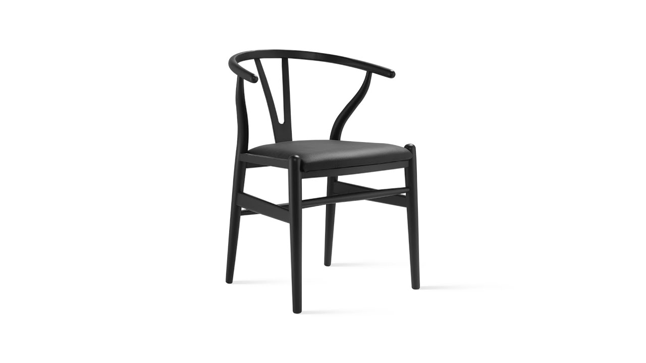 Wishbone Style Chair - Black - Black Leather Cushion - Inspired By Hans J. Wegner