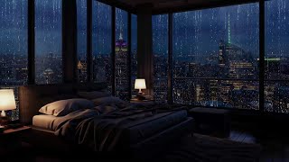 Cozy Bedroom With A Night View Of New York In Heavy Rain | Rain Sounds, Rain On Window For Relaxing