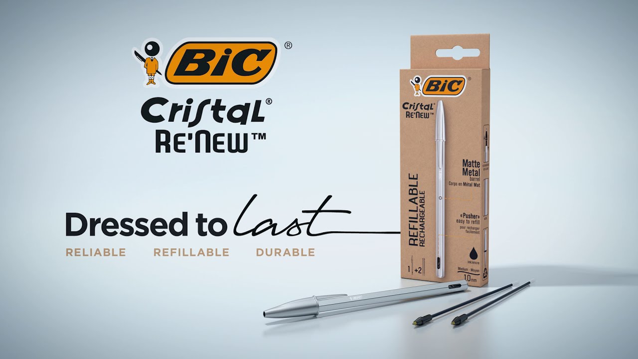 BIC Cristal Re'New Recharges pour Stylo-Bille Pointe Moyenne (1,0 mm) -  Noir, Etui Carton de 3