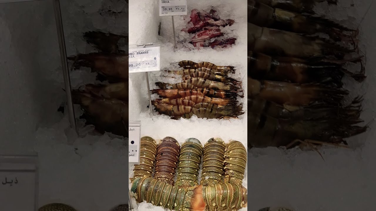 Fish market with Prawns, Lobster, Fish display in Spinneys, Uptown Mirdiff 