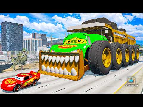 Giant CRUSHER EXCAVATOR Mack Truck Eater VS Cars Lightning McQueen Escape Monster Beamng Drive