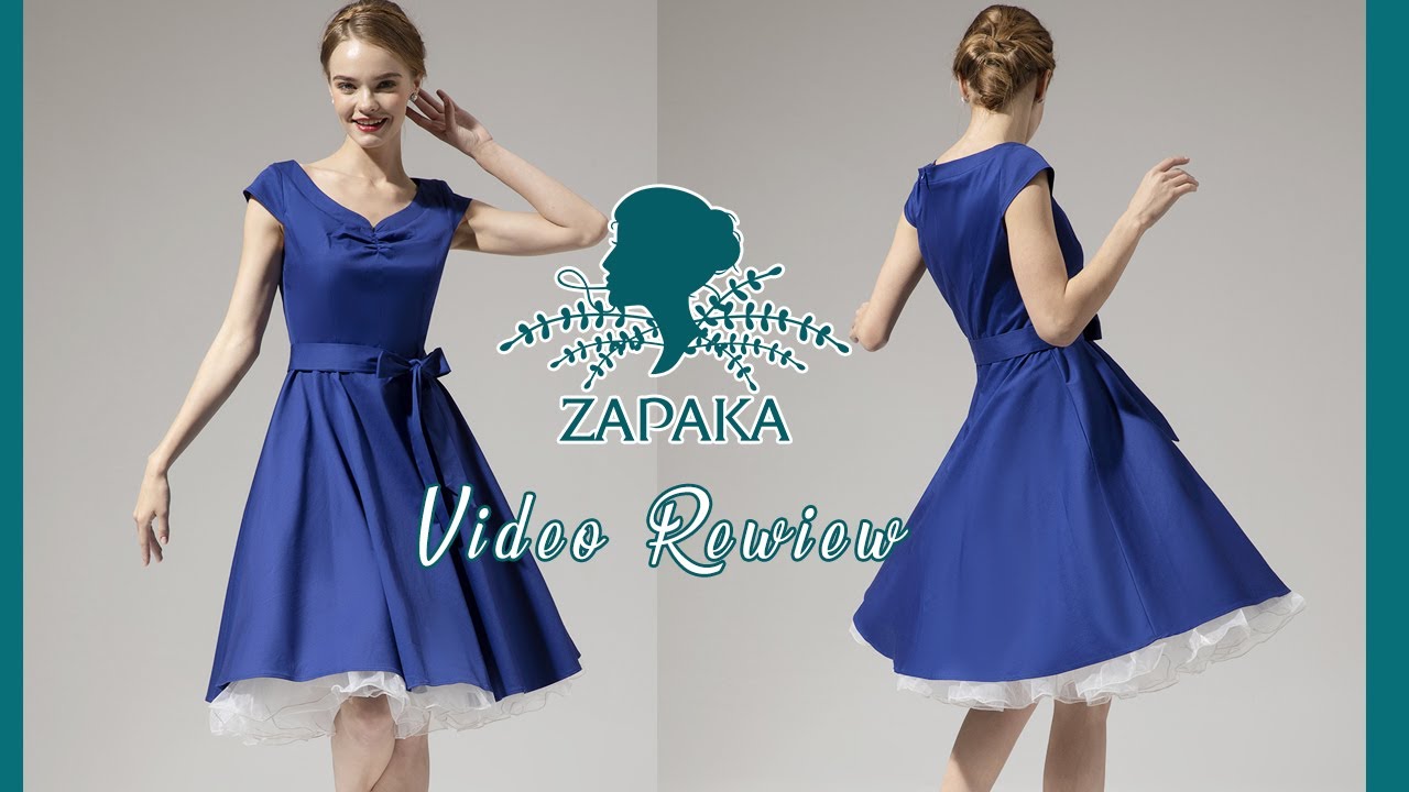 Women Vintage Royal Blue Cap Sleeves V-neck 1950s Rockabilly Swing Formal Party Dress | ZAPAKA