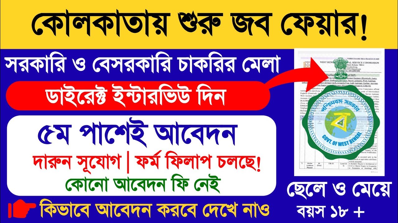 কোনো ফি নেই | কোলকাতায় জব ফেয়ার ১৪ জানুয়ারি | Kolkata Job Fair 2026 | Rojgar Mela 