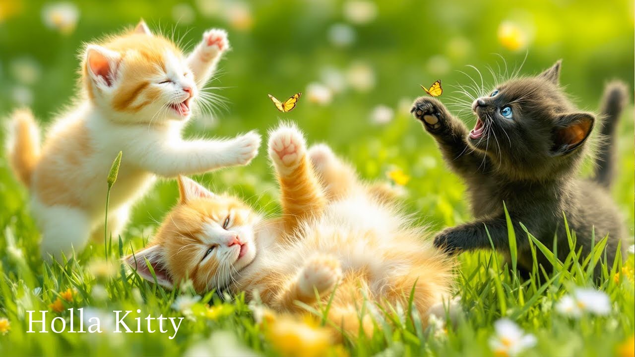 Kittens playing on the green grass with their friends - Kittens running around - Kittens meowing