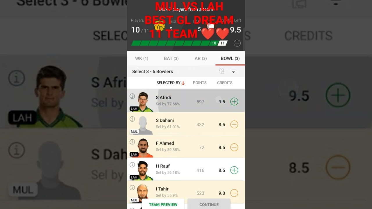 MUL VS LAH BEST GL PSL DREAM 11 TEAM ❤️❤️❤️