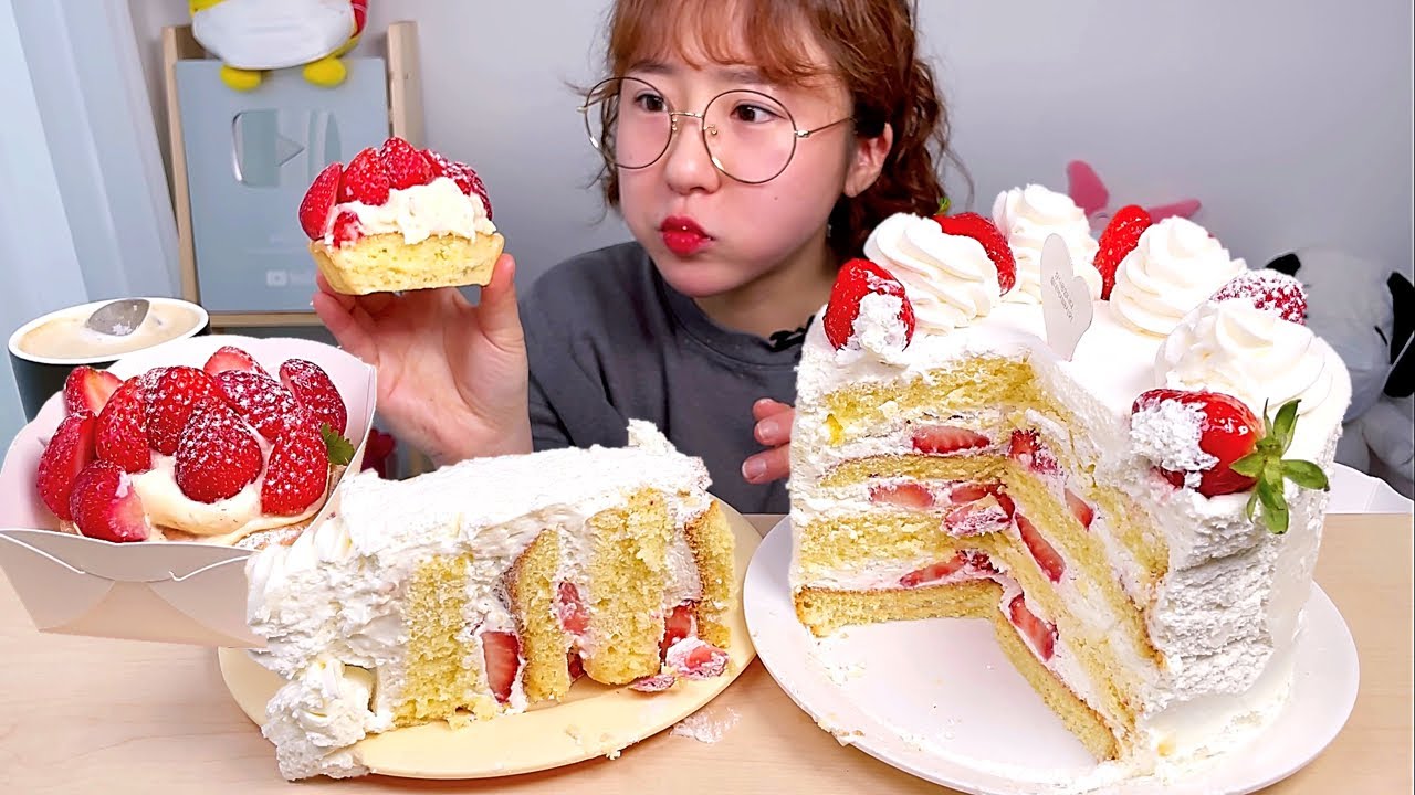 쟝블랑제리 생크림케이크 딸기타르트 딸기 케이크 디저트 먹방 Dessert Mukbang