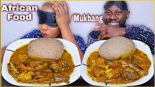 BLINDFOLD SPEED EATING CHALLANGE | WHEAT FUFU AND OGBONO SOUP MUKBANG | AFRICAN FOOD MUKBANG