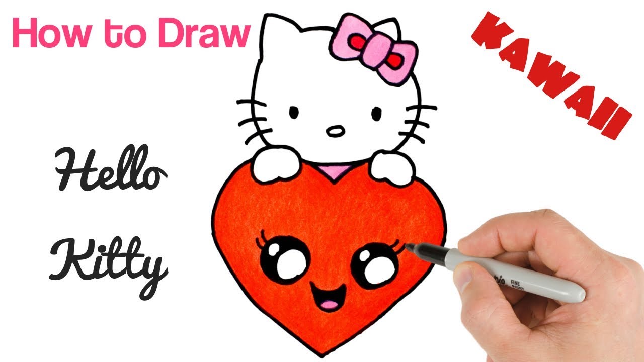 Hello Kitty drawing with love heart, How to draw Hello Kitty step by step