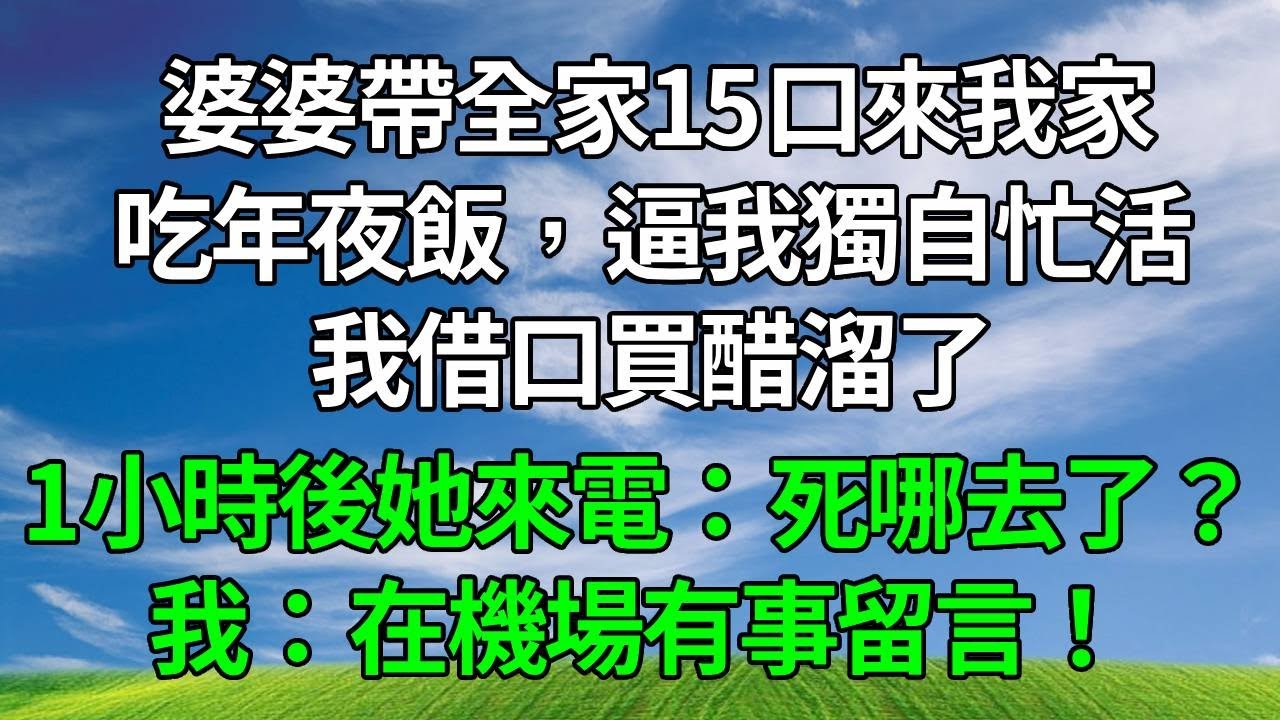 婆婆帶全家15口來我家吃年夜飯，逼我獨自忙活，我借口買醋溜了，1小時後她來電罵道：死哪去了？我：在機場，有事留言！#生活經驗 #正能量 #故事分享 #故事頻道 #為人處世 #人生感悟 #情感