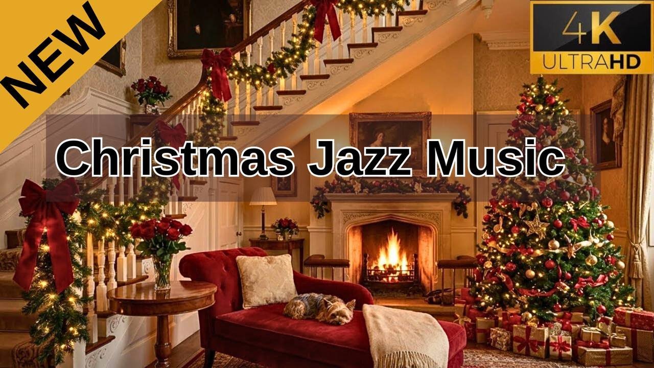 4K 1 HOUR | Christmas Jazz & Fireplace Ambience 🎄 Crackling Fire Sounds 🔥 | Cozy Holiday Background
