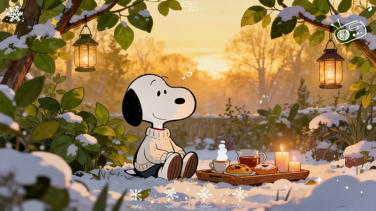 ❄️ Snoopy’s Winter Sunset Garden 🏮 1 Hour of Warm Lofi for Relaxing, Studying & Snowy Peace
