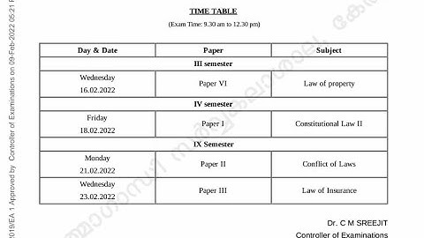 Exam Time Table /university news