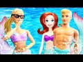 Barbie mermaid dolls and Disney princess mermaid doll at the swimming pool for kids.