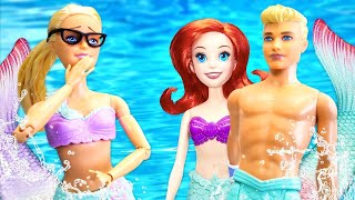 Barbie mermaid dolls and Disney princess mermaid doll at the swimming pool for kids.