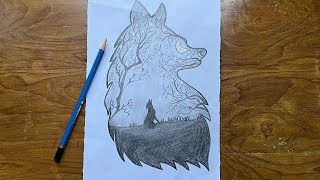 How to draw Scenery of Moonlight Wolf step by step// pencil drawing