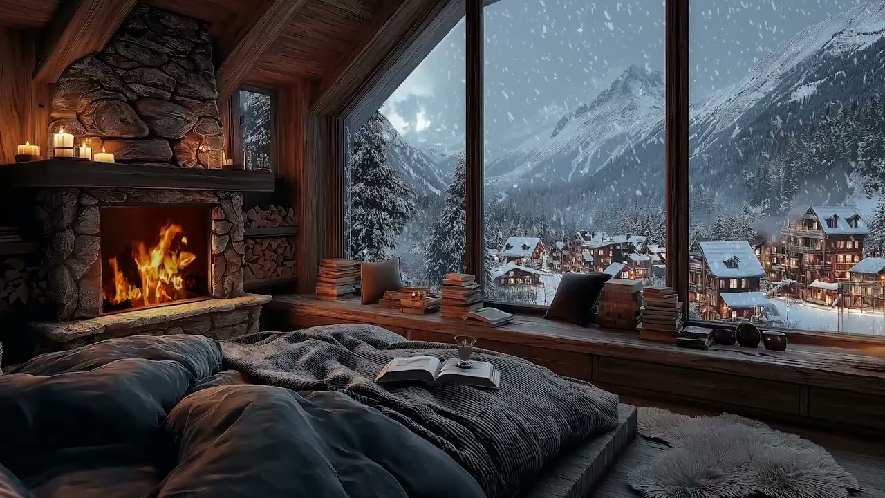 Snowfall Outside a Warm Cave – Fireplace Crackling and Wind Ambience for Relaxation & Sleep