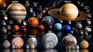Solar System Planets & Dwarf Planets with All Known Moons 3D Size Comparison
