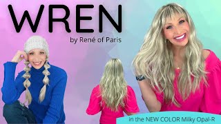 WREN wig by Rene of Paris in the NEW color Milky Opal-R. A wavy ready-to-wear wig with a 17" nape.