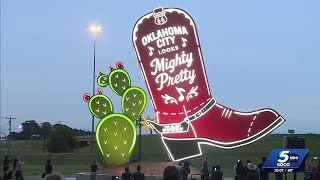 Oklahoma City lights up giant cowboy boot sculpture as part of Route 66 centennial