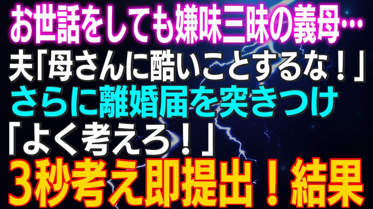 【スカッとする話】お世話をしても嫌味三昧の義母…夫「母さんに酷いことするな！」離婚届を突きつけ「よく考えろ！」3秒考え即提出！すると…