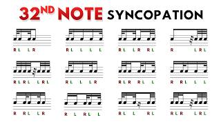 Syncopated 32nd note rhythms with sticking for drums