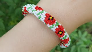 Herringbone beaded bracelet/DIY bracelet/BEADED POPPY/Браслет из бисера/Браслет МАКИ/Жгут иглой