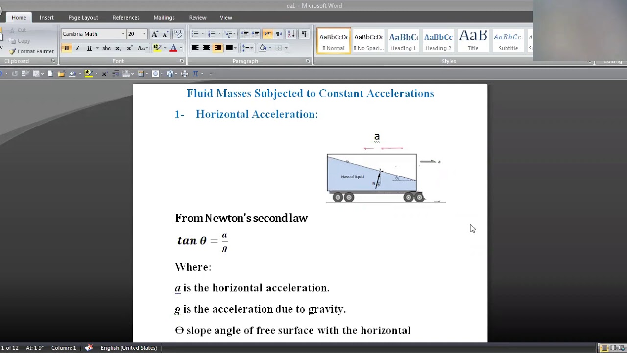 ميكانيك الموائع (فلود) - كتلة المائع تحت تأثير تعجيل ثابت