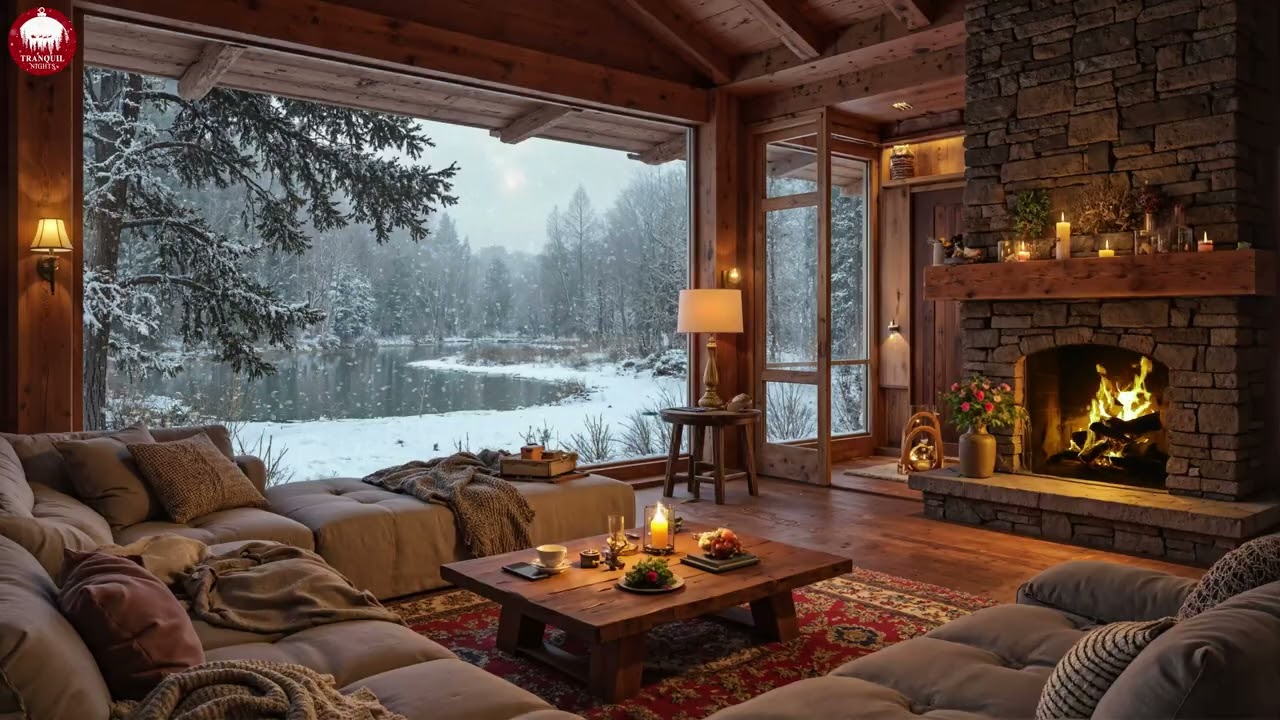 Soothing Piano Music & Fireplace Sounds in a Snow Fall Day ❄️ Cozy Living Room for Deep Relaxation