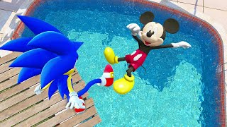 GTA5 Sonic vs Speedy Gonzales vs Mickey mouse  Jumps fails \& Ragdolls ep.17 ( Euphoria physics)