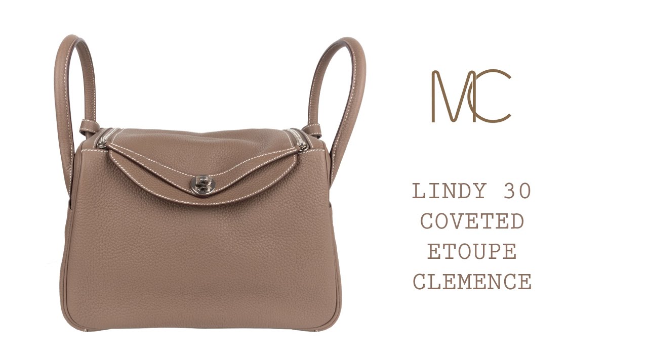 Hermes Lindy 30 Bag Coveted Etoupe Clemence Leather Palladiu • MIGHTYCHIC •  