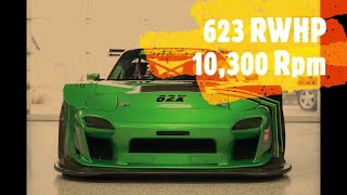 623 rwhp  *actual 10,300 rpm* 4-rotor Mazda Rx7 Dyno naturally aspirated. Defined Autoworks